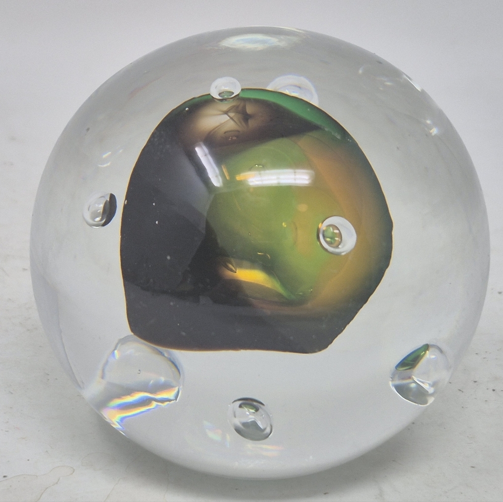Clear Glass Paperweight With Green And Orange Irridecent Center - Picture 4 of 7